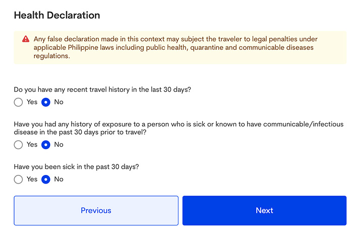 Health declaration for the Philippines